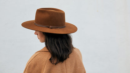 Goorin Bros. silent sam wool wide brim fedora Brown hero shot on female model