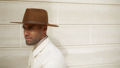 Goorin Bros. silent sam wool wide brim fedora Brown hero shot on male model