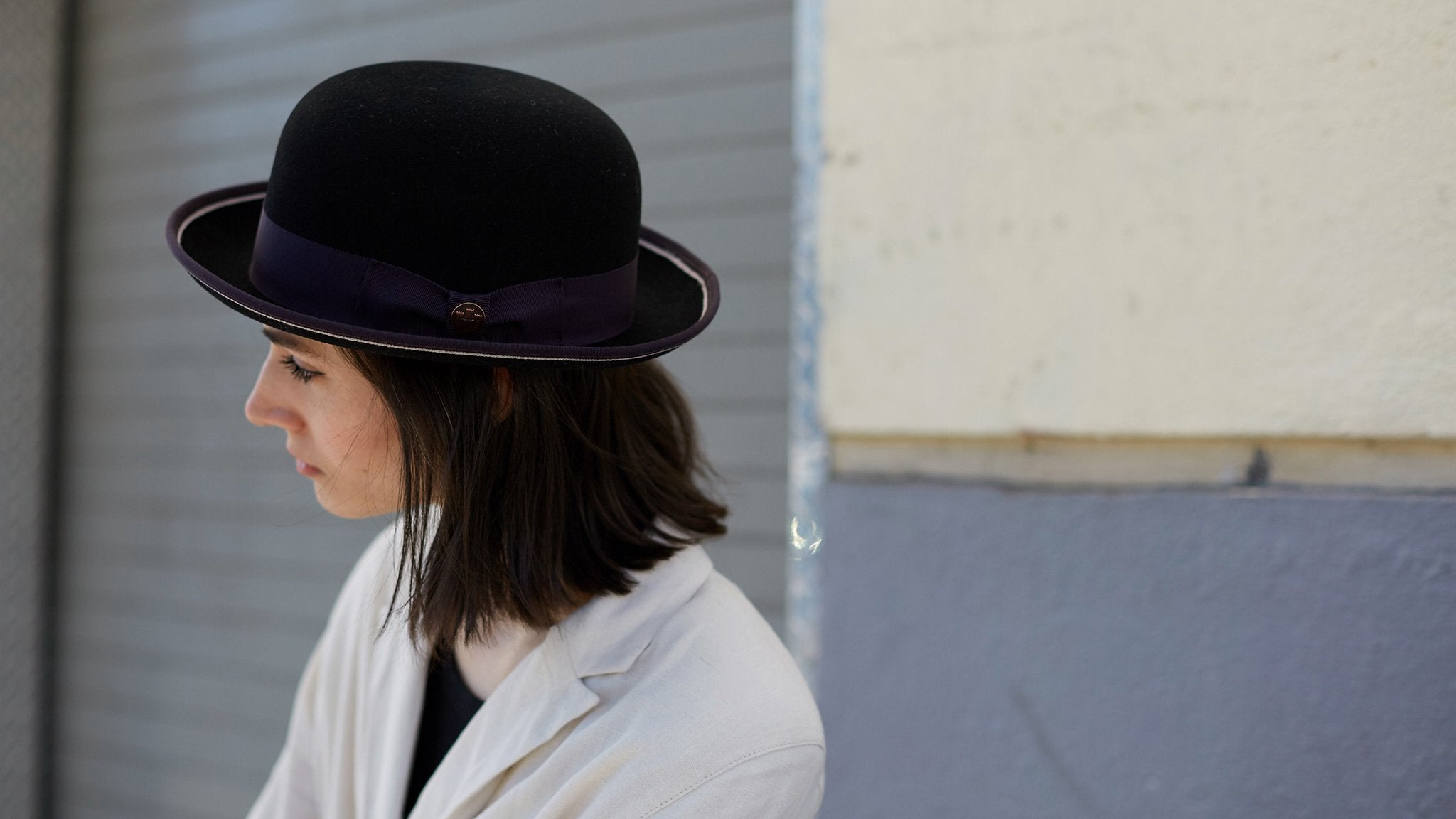 Goorin Bros. one eyed king wool bowler Black hero shot on female model