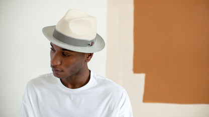 Goorin Bros. brighton high center dent medium brim paper poly blend fedora hat White hero shot on male model