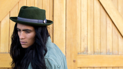 Goorin Bros. note king diamond medium brim felt porkpie fedora hat Green hero shot on male model