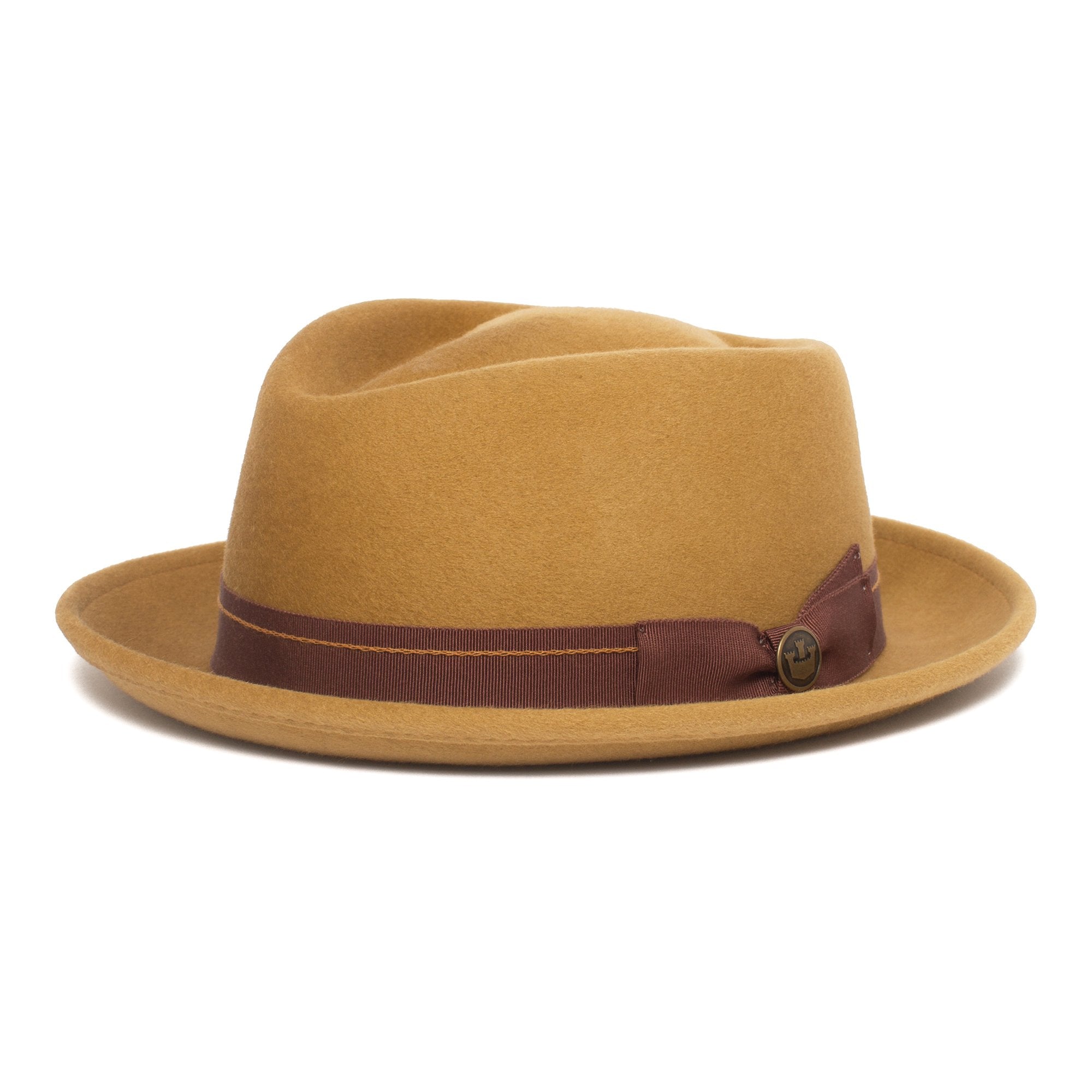Goorin Bros. note king diamond medium brim felt porkpie fedora hat Mustard left side view