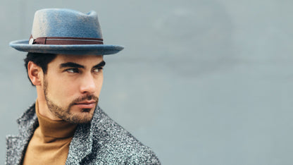 Goorin Bros. note king diamond medium brim felt porkpie fedora hat Slate  hero shot on male model