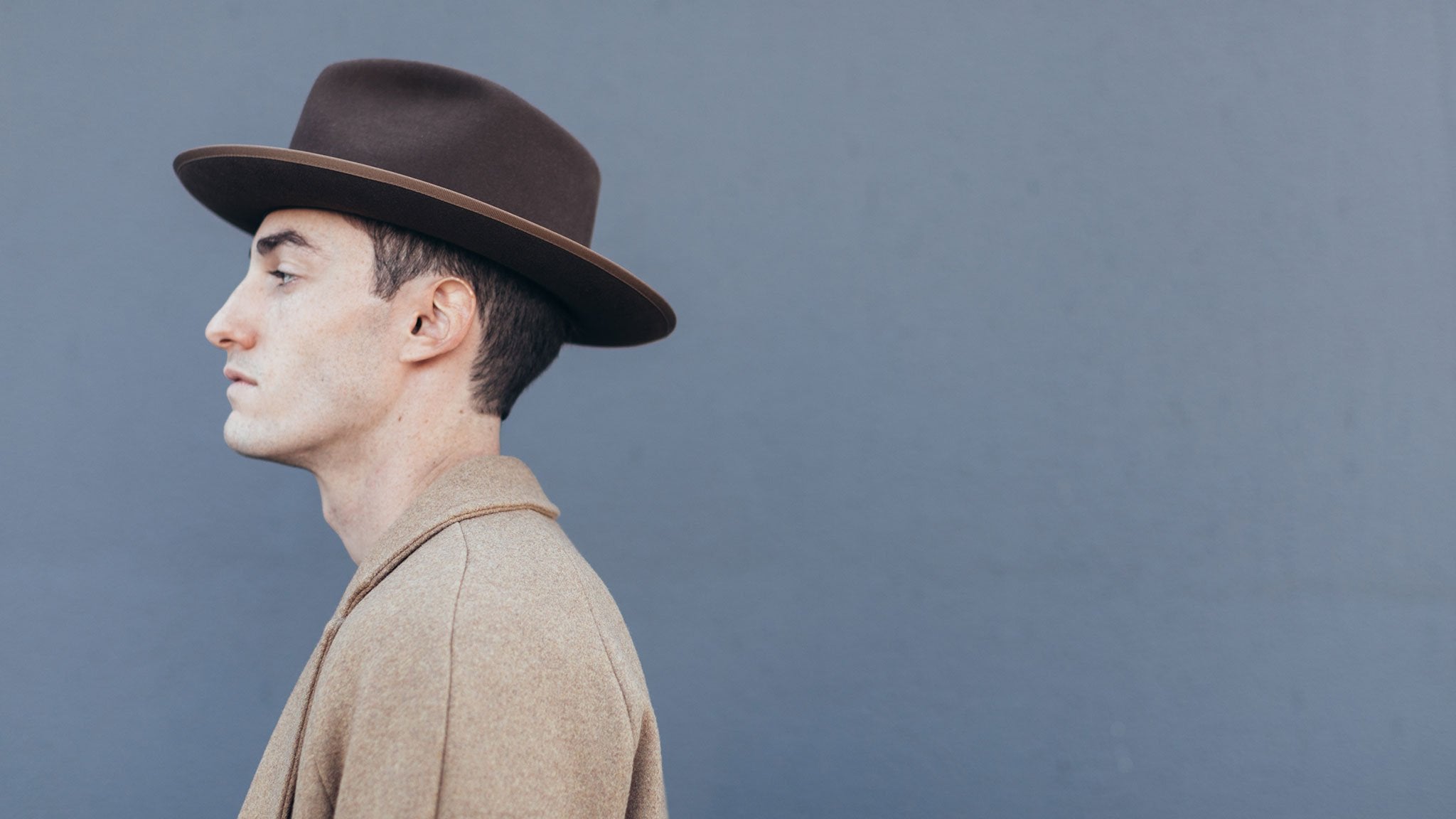Goorin Bros. river gray teardrop wide brim felt fedora hat Brown hero shot on male model