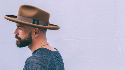 Goorin Bros. colonel pierce teardrop wide brim felt fedora hat Brown  hero shot on male model