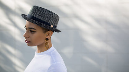 Goorin Bros. low country diamond short brim paper poly blend porkpie fedora hat Navy hero shot on female model