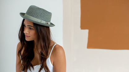 Goorin Bros. low country diamond short brim paper poly blend porkpie fedora hat Olive hero shot on female model