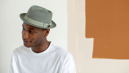 Goorin Bros. low country diamond short brim paper poly blend porkpie fedora hat Olive hero shot on male model