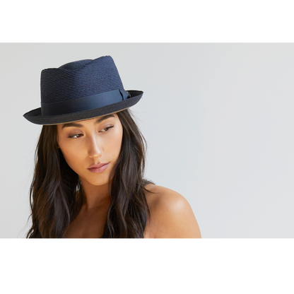 Goorin Bros. the new guy diamond short brim straw porkpie fedora hat Navy  womens styling