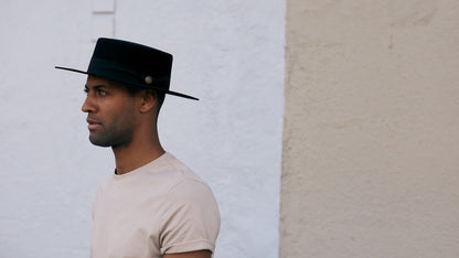Goorin Bros. trumpet blues flat top wide brim felt gaucho fedora hat Black hero shot on male model