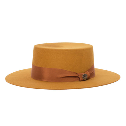 Goorin Bros. trumpet blues flat top wide brim felt gaucho fedora hat Whiskey left side view