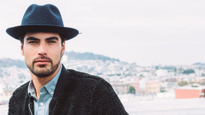 Goorin Bros. royal romeo wool classic brim fedora Navy  hero shot on male model