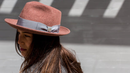 Goorin Bros. radley teardrop medium brim felt fedora hat Mauve  hero shot on female model