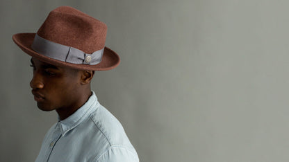 Goorin Bros. radley teardrop medium brim felt fedora hat Mauve  hero shot on male model