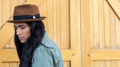 Goorin Bros. radley teardrop medium brim felt fedora hat Rust hero shot on male model
