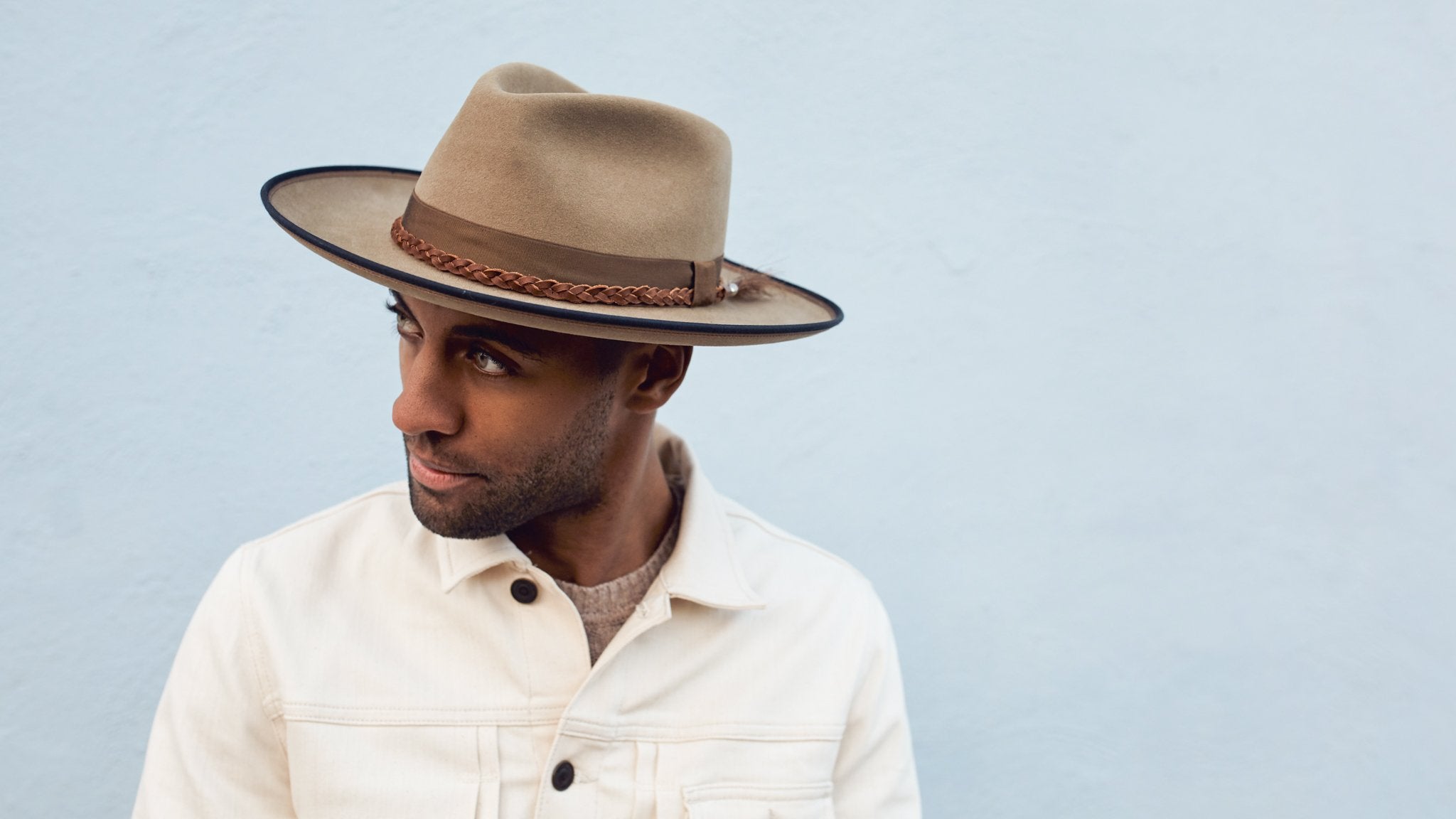 Goorin Bros. aw shoot wool wide brim fedora Tan hero shot on male model