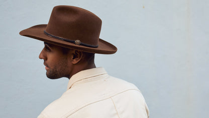 Goorin Bros. big daddy wool wide brim fedora Whiskey hero shot on male model