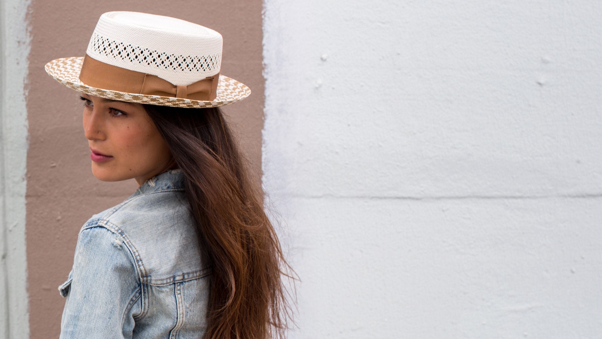 Goorin Bros. double take straw pork pie White  hero shot on female model