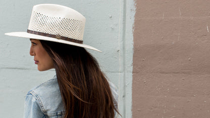 Goorin Bros. wild wood straw wide brim fedora White  hero shot on female model