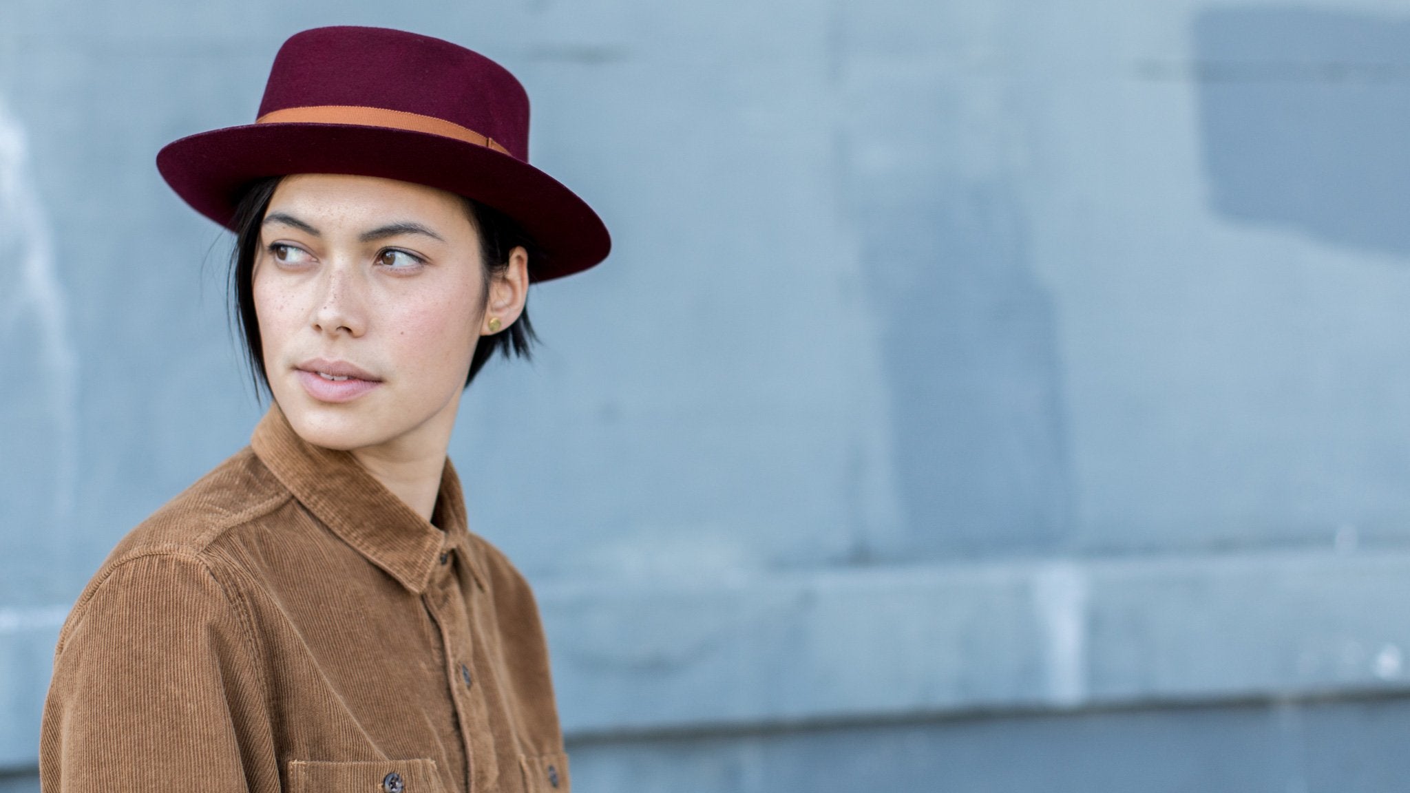 Goorin Bros. top brass wool porkpie Burgundy  hero shot on female model