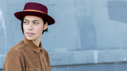 Goorin Bros. top brass wool porkpie Burgundy  hero shot on female model