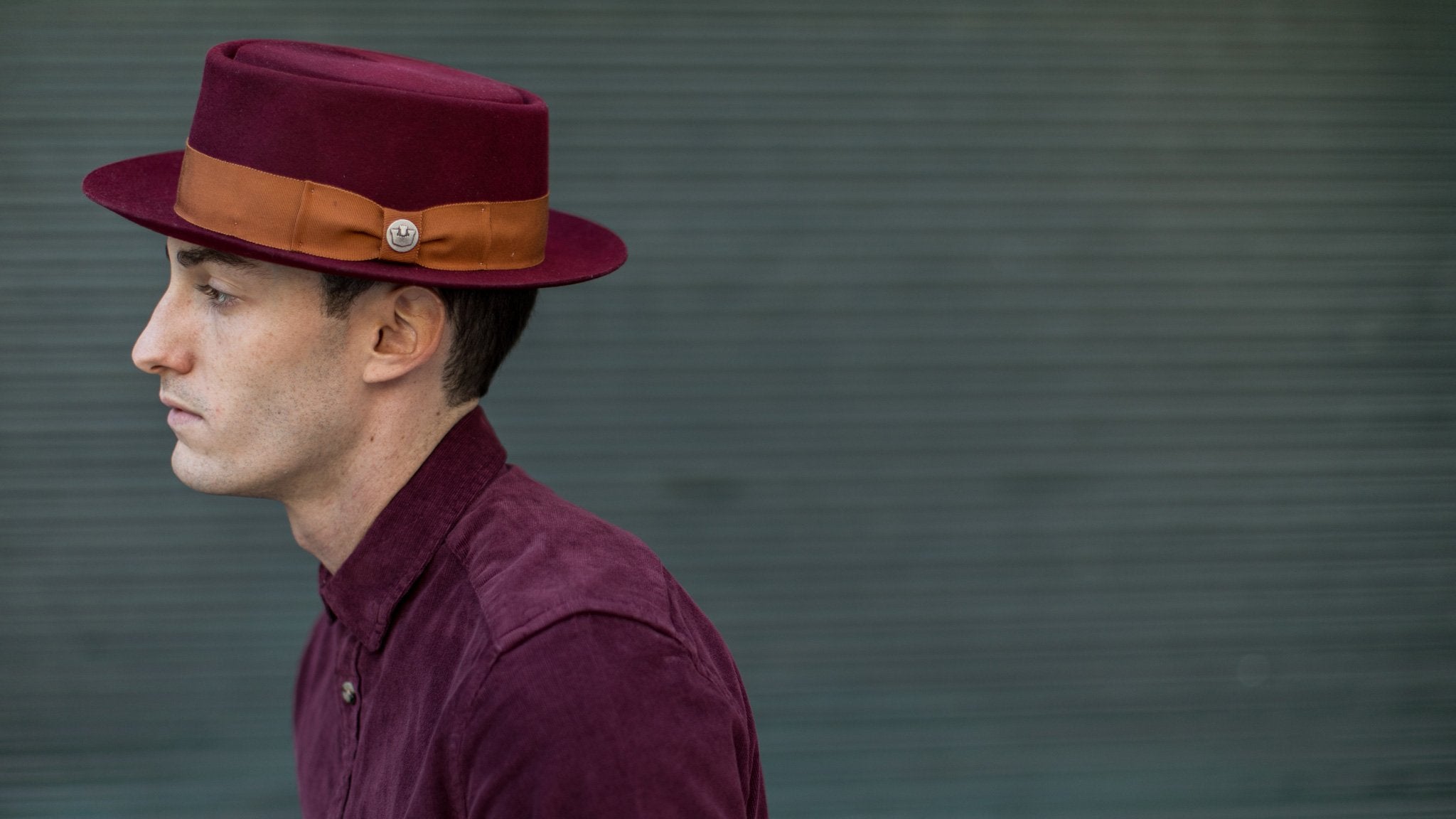 Goorin Bros. top brass wool porkpie Burgundy  hero shot on male model