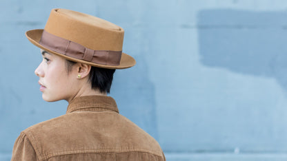 Goorin Bros. top brass wool porkpie Oak  hero shot on female model