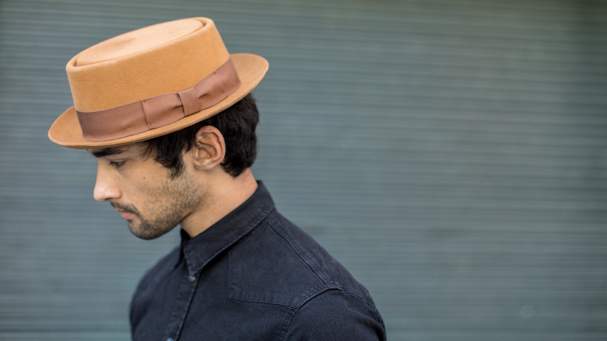 Goorin Bros. top brass wool porkpie Oak  hero shot on male model