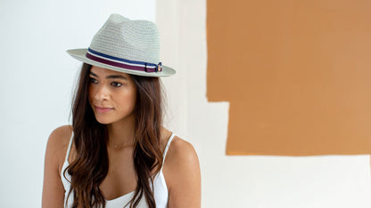 Goorin Bros. davie paper fedora Light Blue hero shot on female model