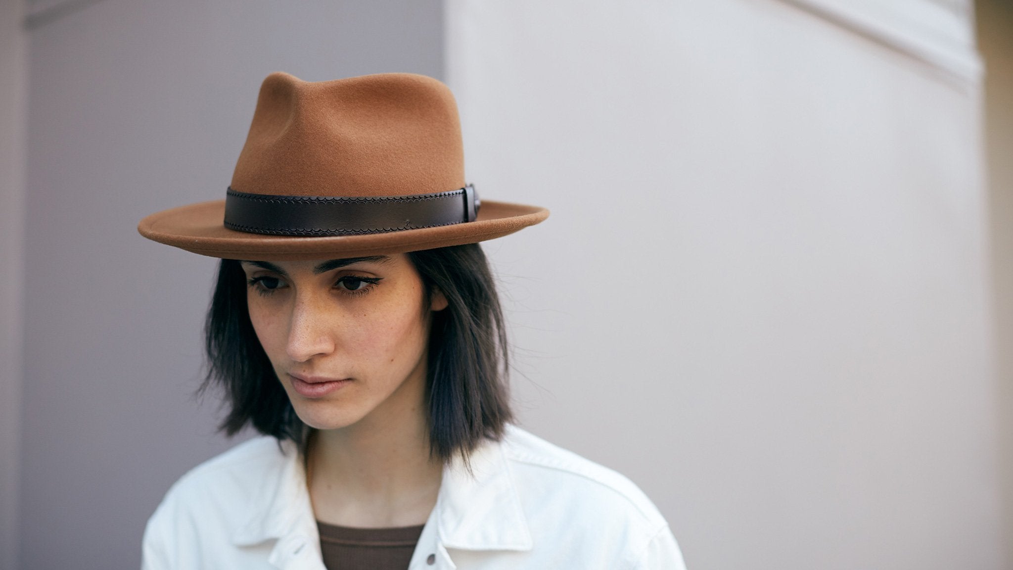 Goorin Bros. conrad wool wide brim fedora Whiskey hero shot on female model