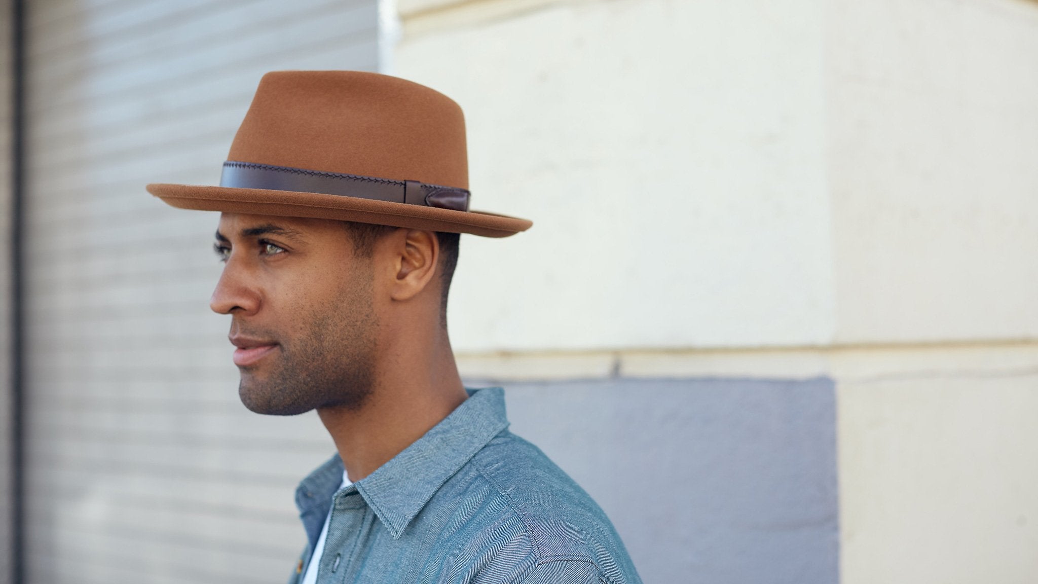 Goorin Bros. conrad wool wide brim fedora Whiskey hero shot on male model