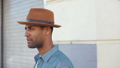Goorin Bros. conrad wool wide brim fedora Whiskey hero shot on male model