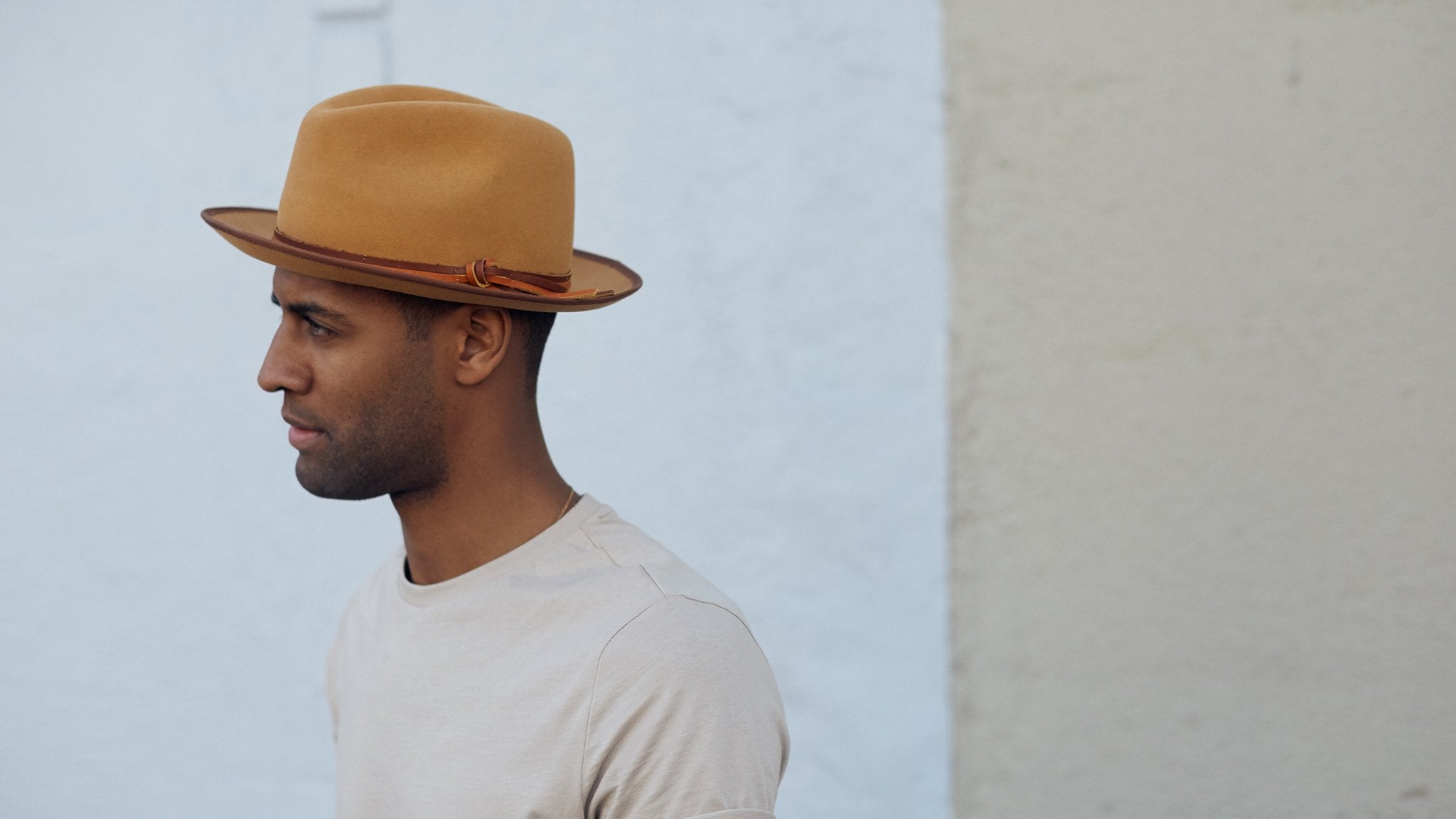 Goorin Bros. roscoe wool wide brim fedora Wheat hero shot on male model