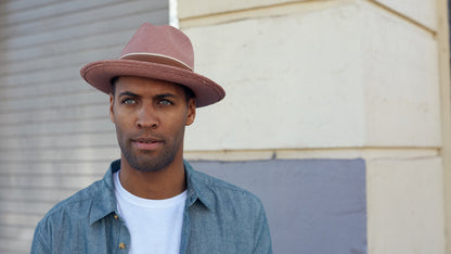 Goorin Bros. ruben gonzalez center dent wide brim straw fedora hat Pink hero shot on male model