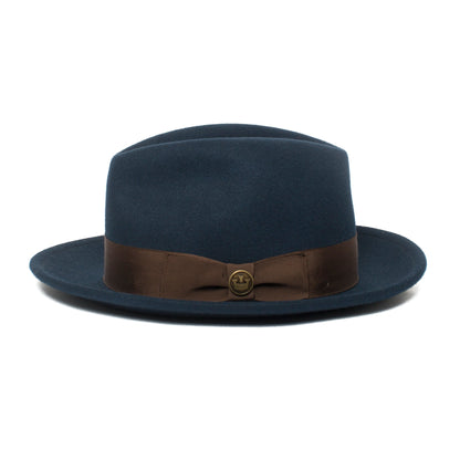 Goorin Bros. dean the butcher center dent wide brim felt fedora hat Blue side view