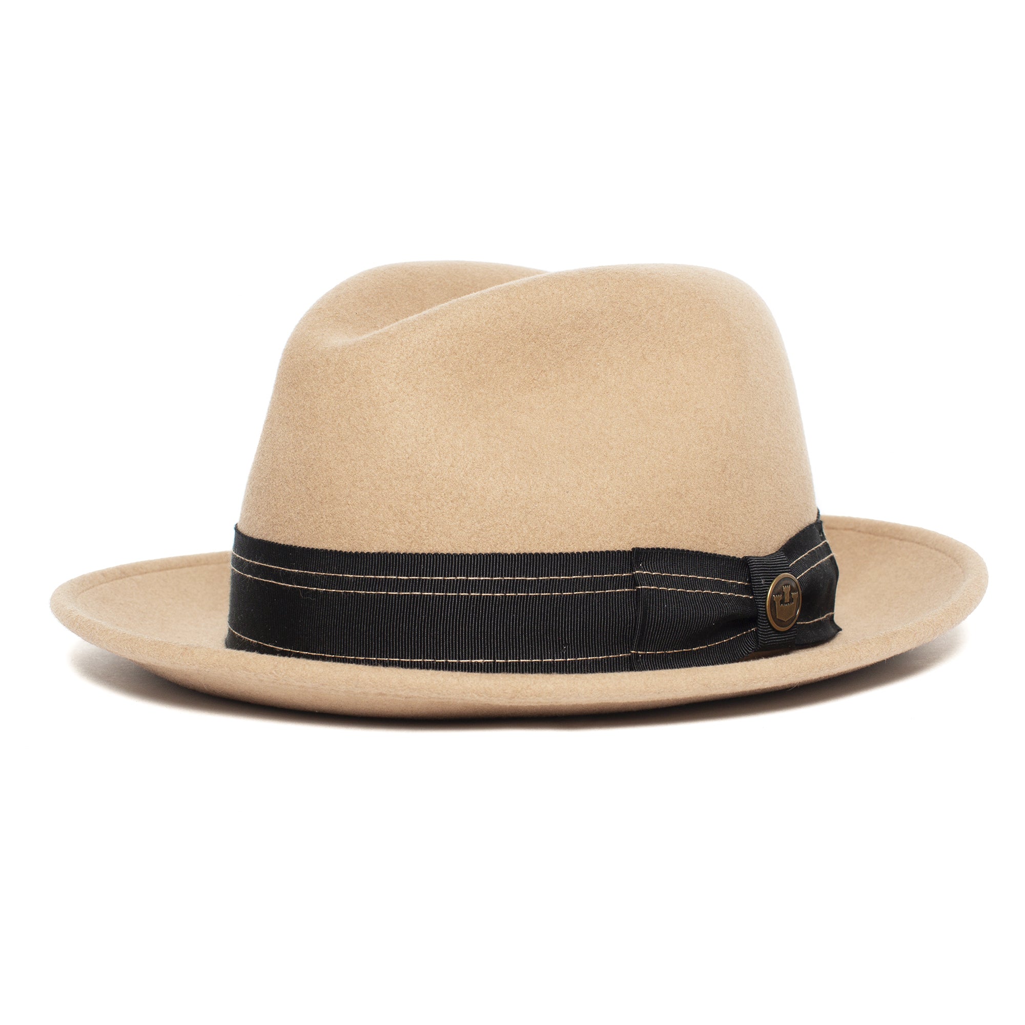 Goorin Bros. dean the butcher center dent wide brim felt fedora hat Camel left side view
