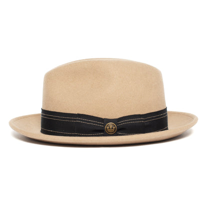 Goorin Bros. dean the butcher center dent wide brim felt fedora hat Camel side view
