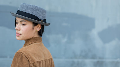 Goorin Bros. slick carter diamond short brim felt porkpie fedora hat Grey  hero shot on female model