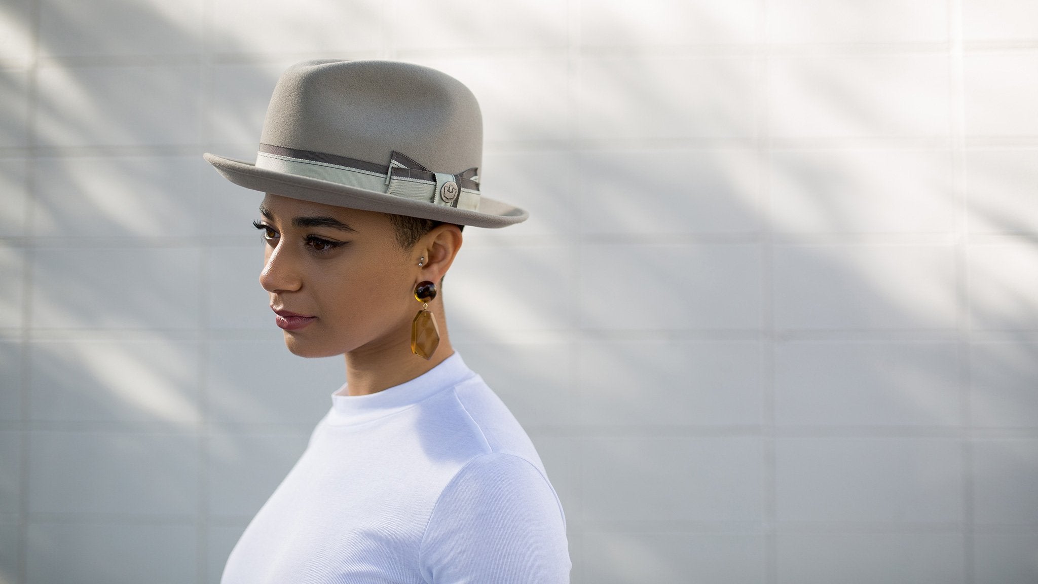 Goorin Bros. whisper to me wool diamond porkpie fedora Grey hero shot on female model