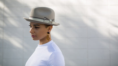 Goorin Bros. whisper to me wool diamond porkpie fedora Grey hero shot on female model