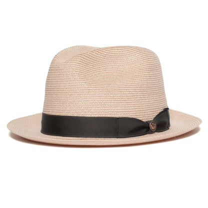 Goorin Bros. the gilder center dent medium brim straw fedora hat Pink left side view