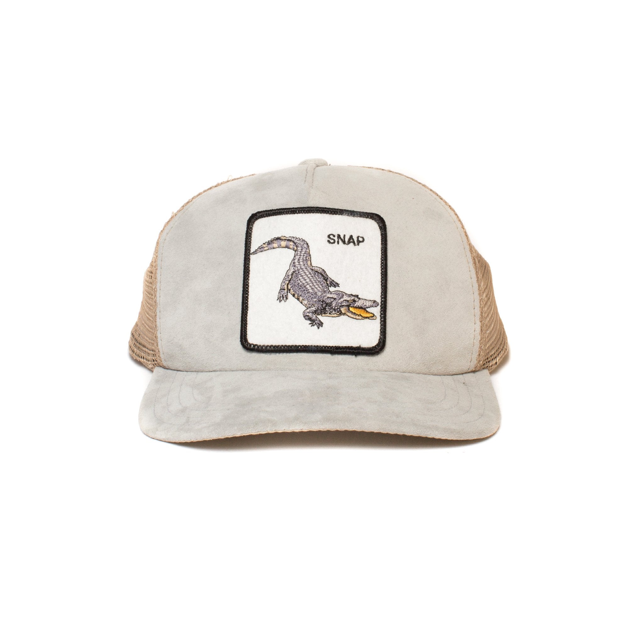 Goorin Bros. crocodile suede 5 panel trucker baseball cap Grey front view