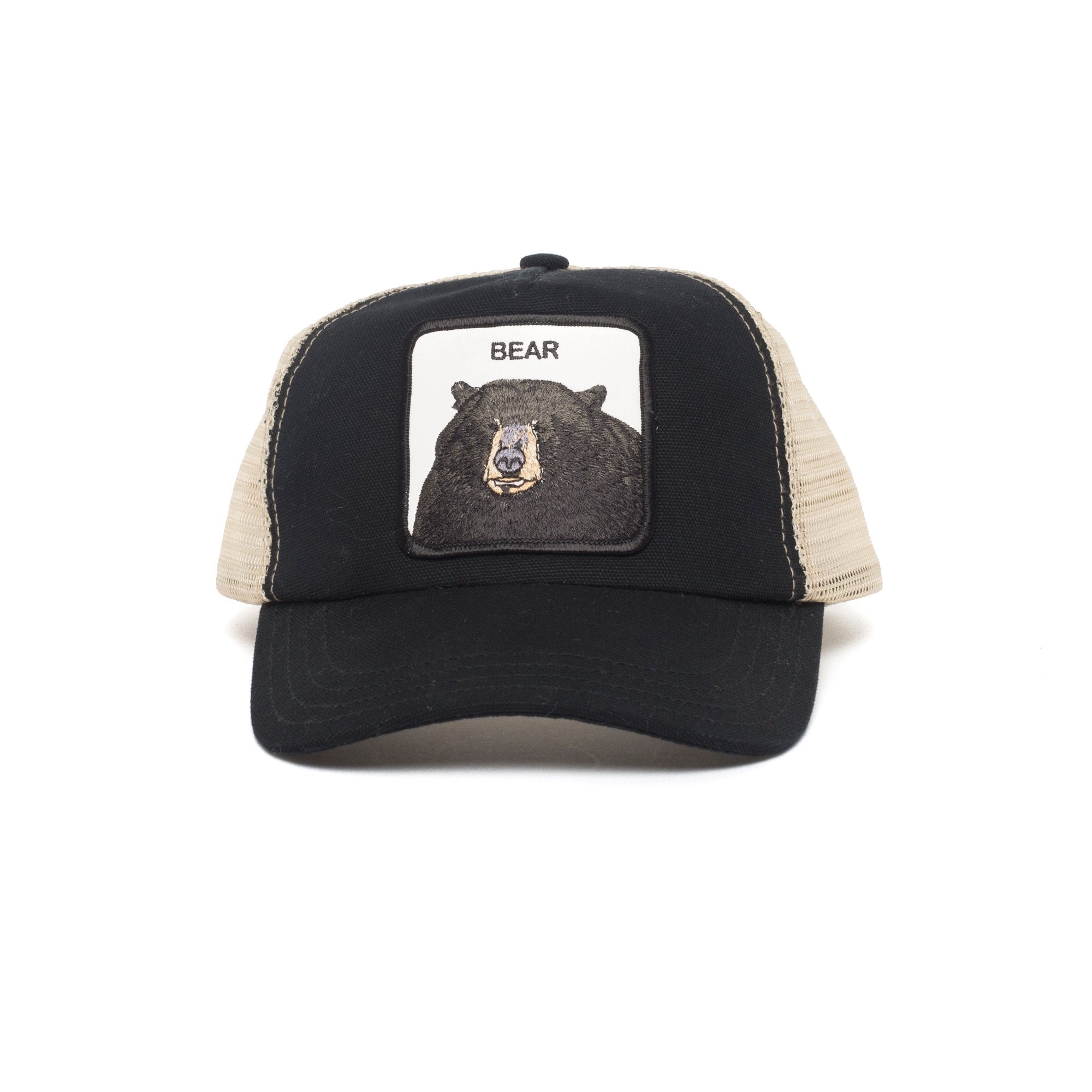 Goorin Bros. hairy bear cotton 5 panel trucker baseball cap Black front view
