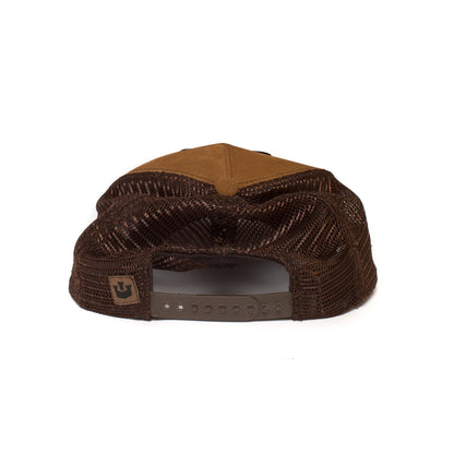 Goorin Bros. witty bird suede 5 panel trucker baseball cap Brown back view