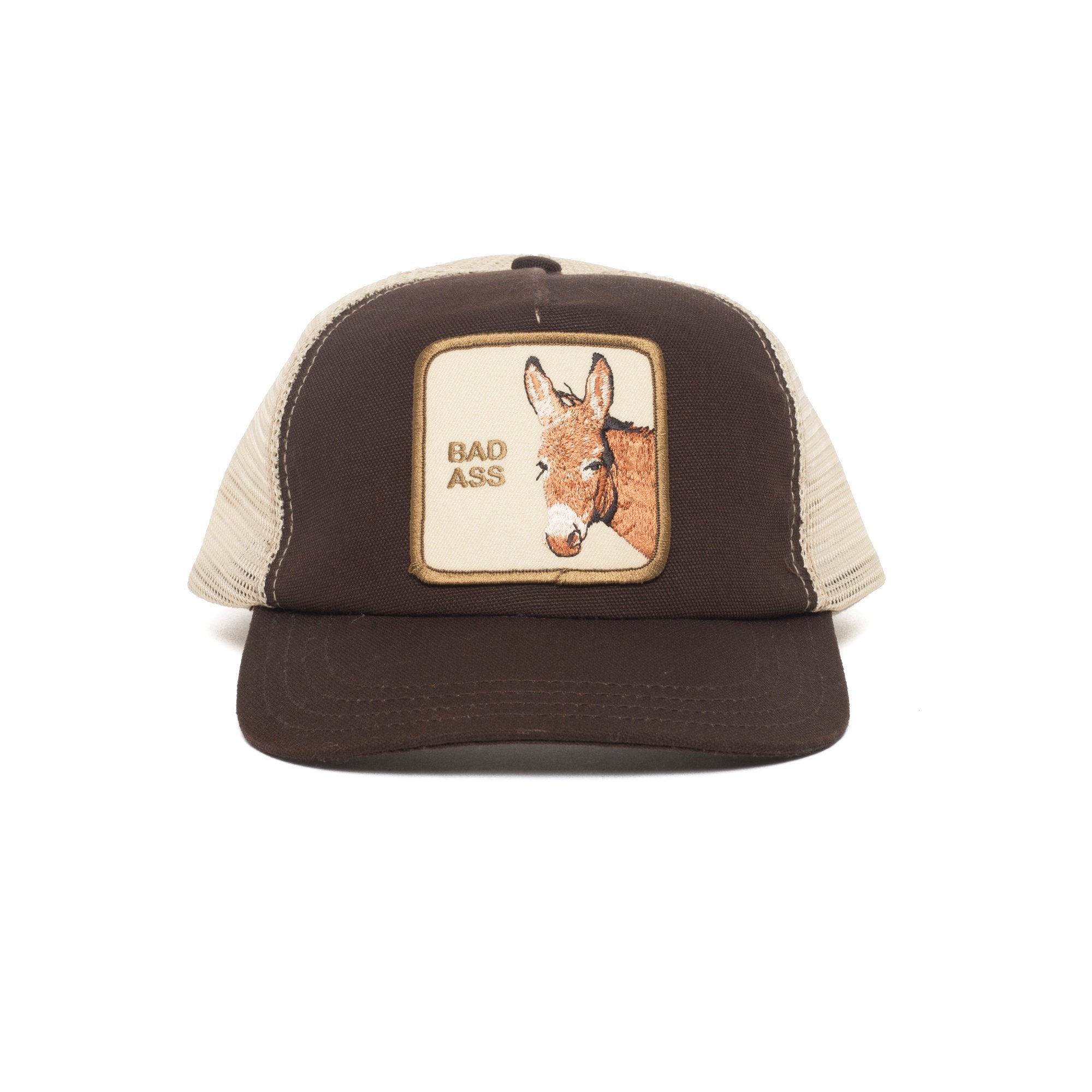 Goorin Bros. bad donkey cotton 5 panel trucker baseball cap Brown front view
