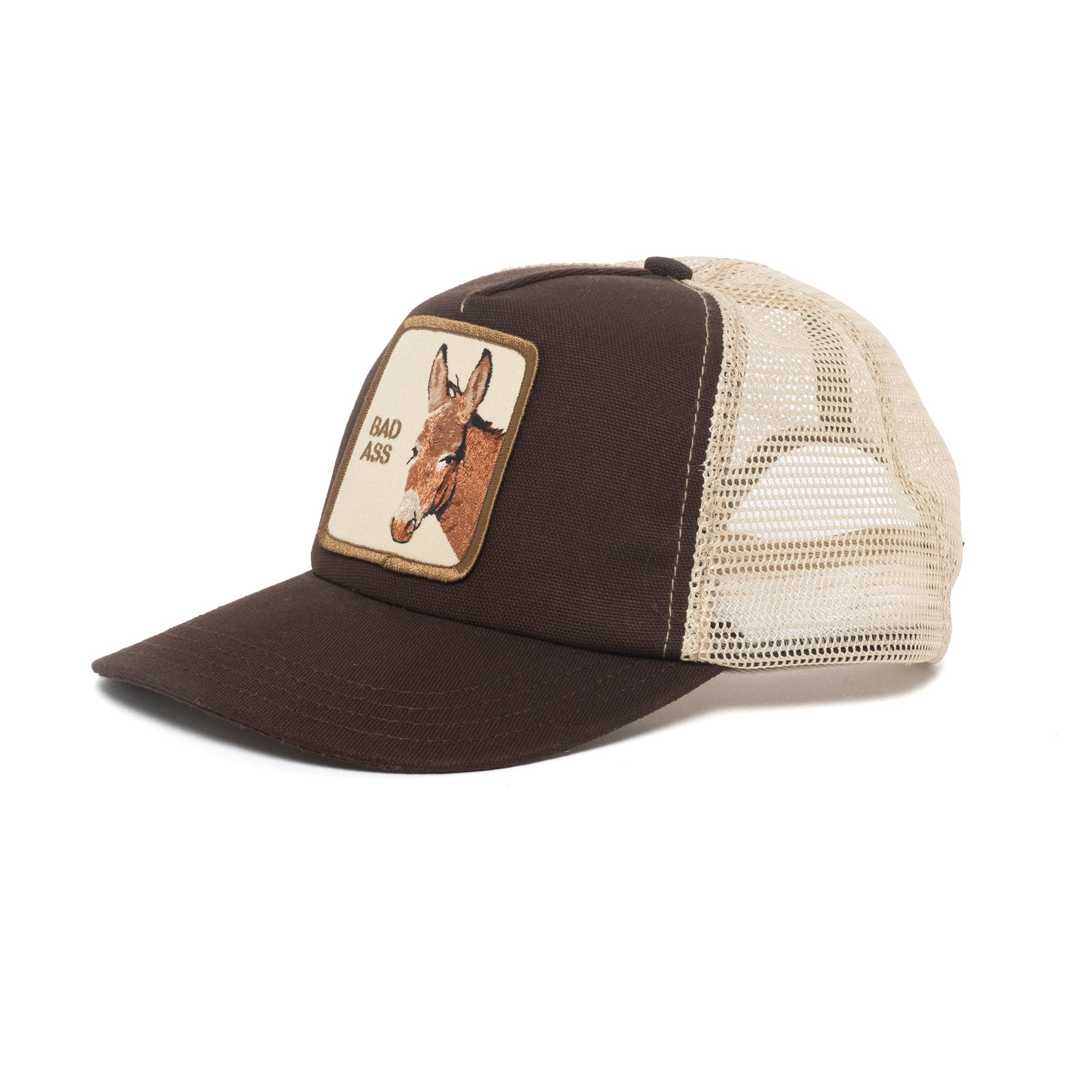 Goorin Bros. bad donkey cotton 5 panel trucker baseball cap Brown left side view