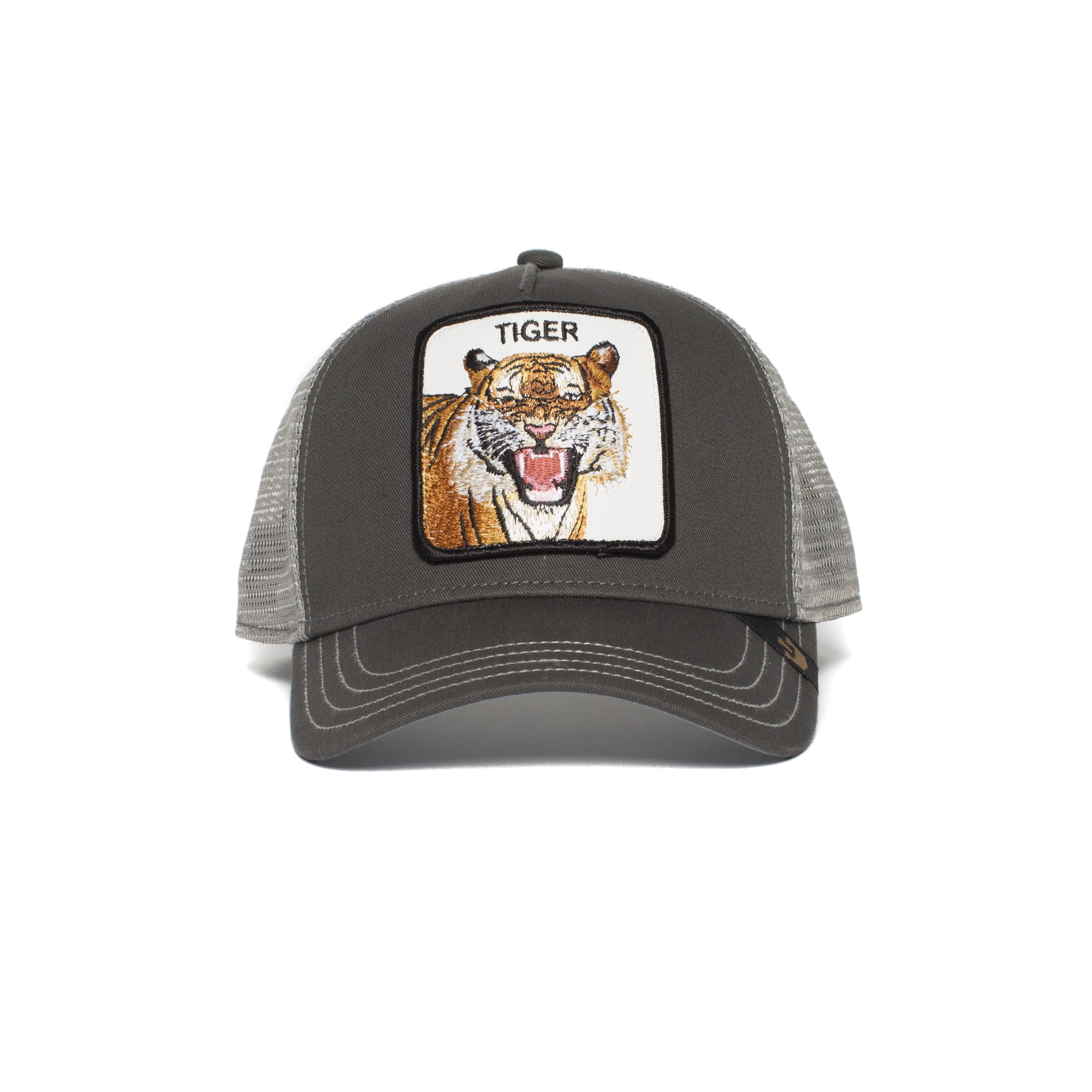 Goorin Bros. eye of the tiger 5 panel trucker baseball cap Grey front view