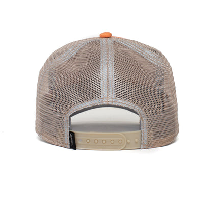 Back view of The GOAT beige mesh baseball cap, featuring an adjustable plastic snap closure for lasting style.