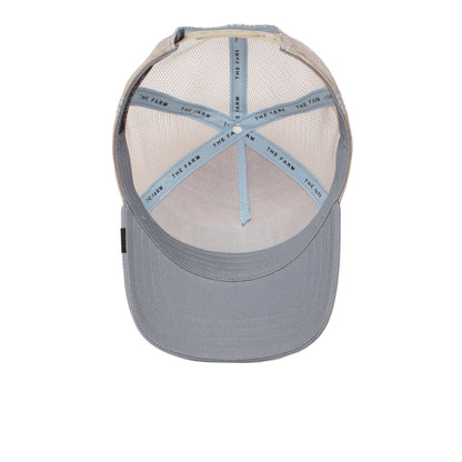 The GOAT gray mesh trucker hat seen from above reveals its blue THE FARM-labeled hatband—ideal for everyday wear and designed to gain unique character as the color naturally fades over time.