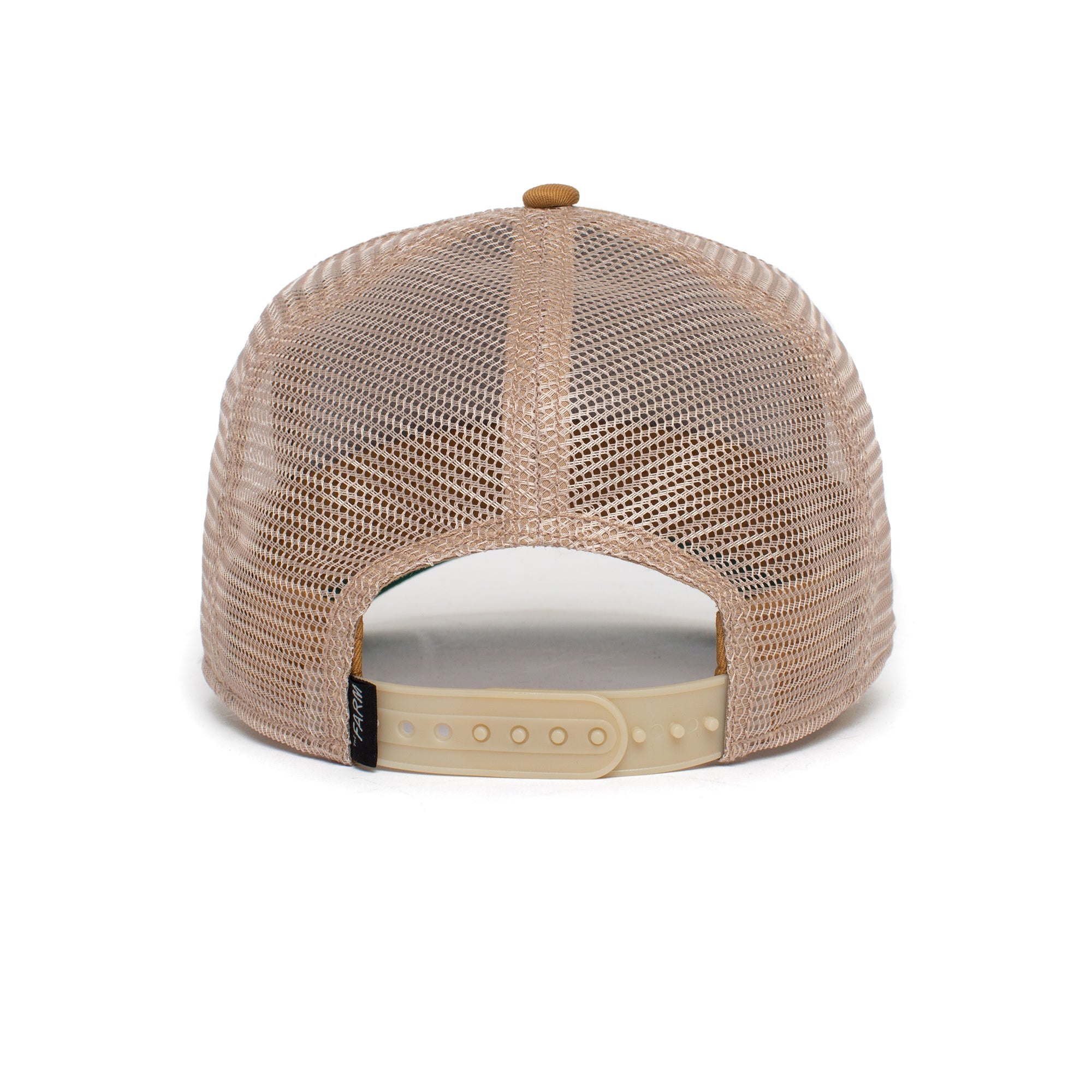 The GOAT tan mesh trucker hat shown from the back, with a durable beige adjustable snapback strap that resists fading.